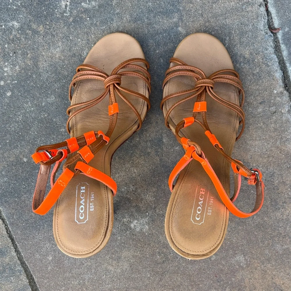 Coach Women's Lana Leather Tan and Orange Strappy Heels‎